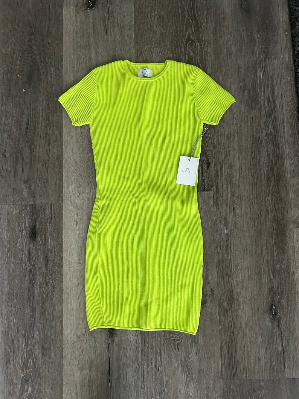 COZI Neon Lime Ribbed Short Sleeve Bodycon Dress